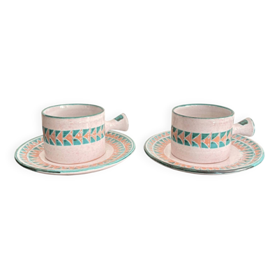 Ancien Paire Tasse Céramique Vallauris par Charles Voltz Poterie 1950 Géomé