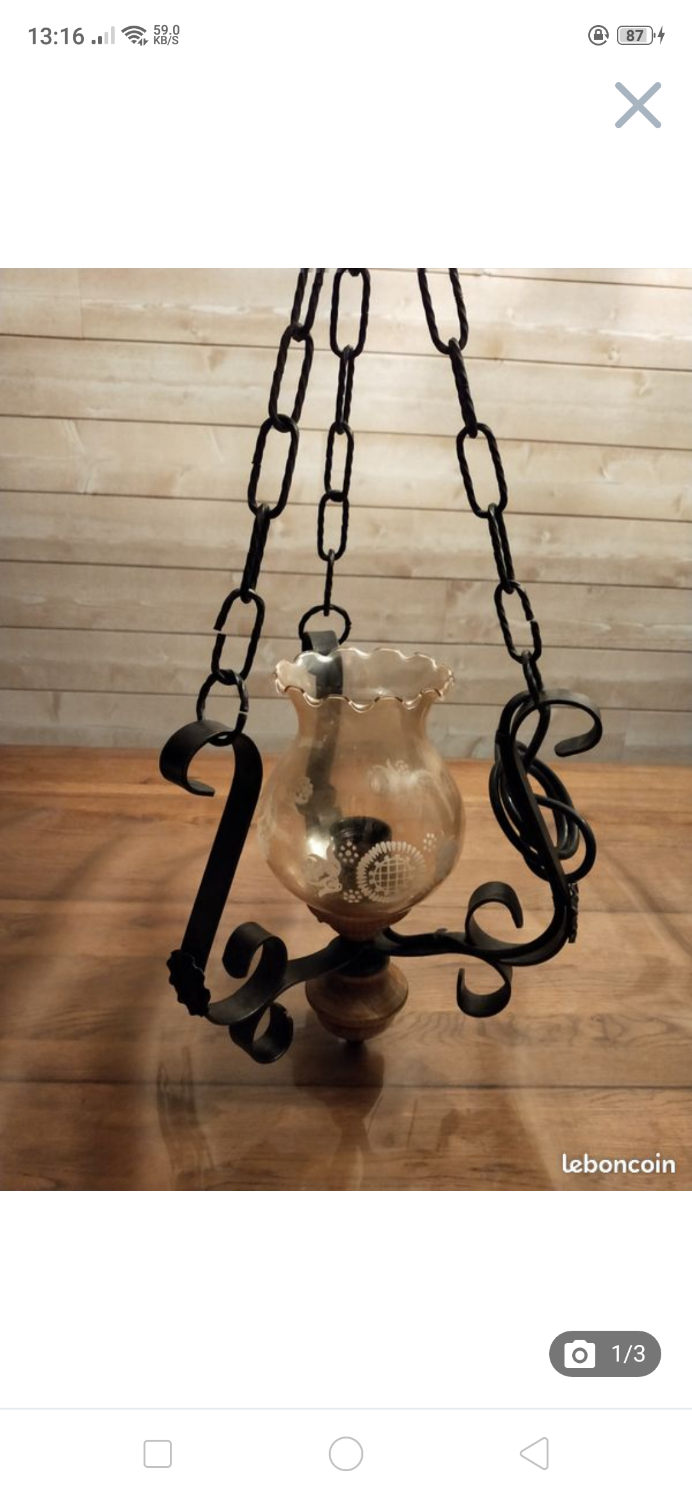 Lustre vintage méta bois et verre