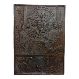 Plaque de feu en fer avec relief scène biblique de la dernière cène, style renaissance tardive xvi-xviie siècle