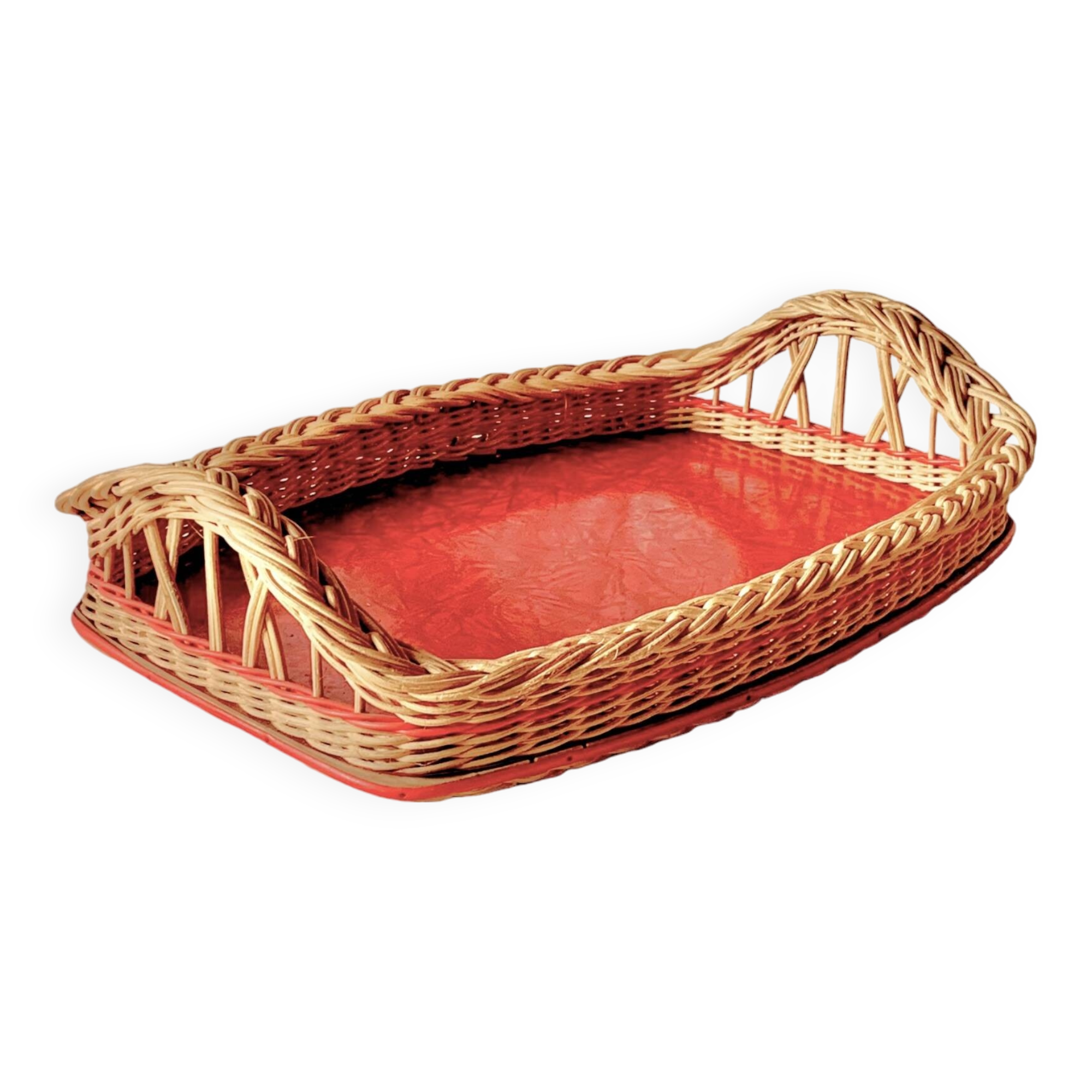 Vintage rattan tray, red Formica and scoubidou