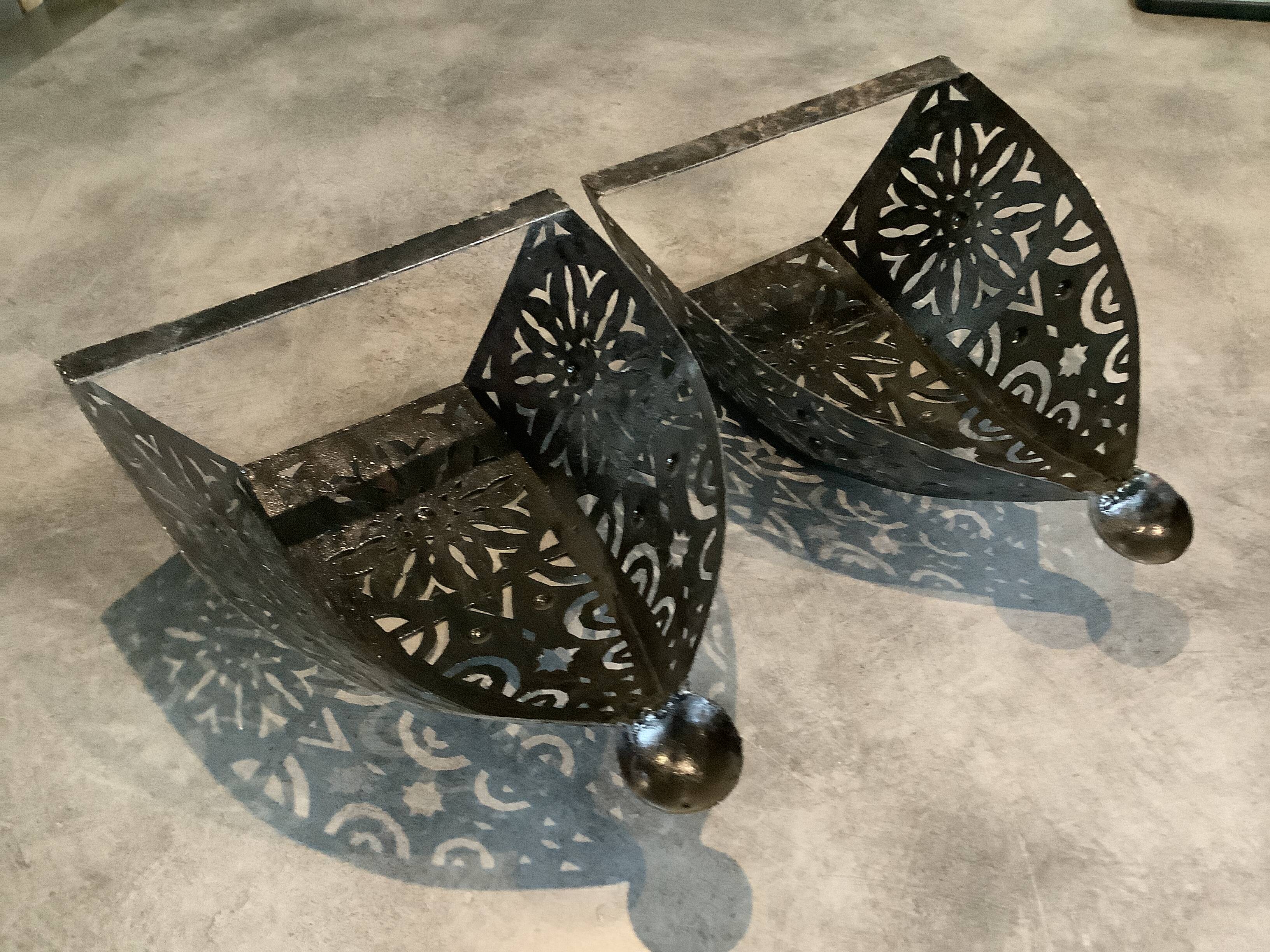 Pair of Wall Sconces in Iron with Cut-Out Patterns