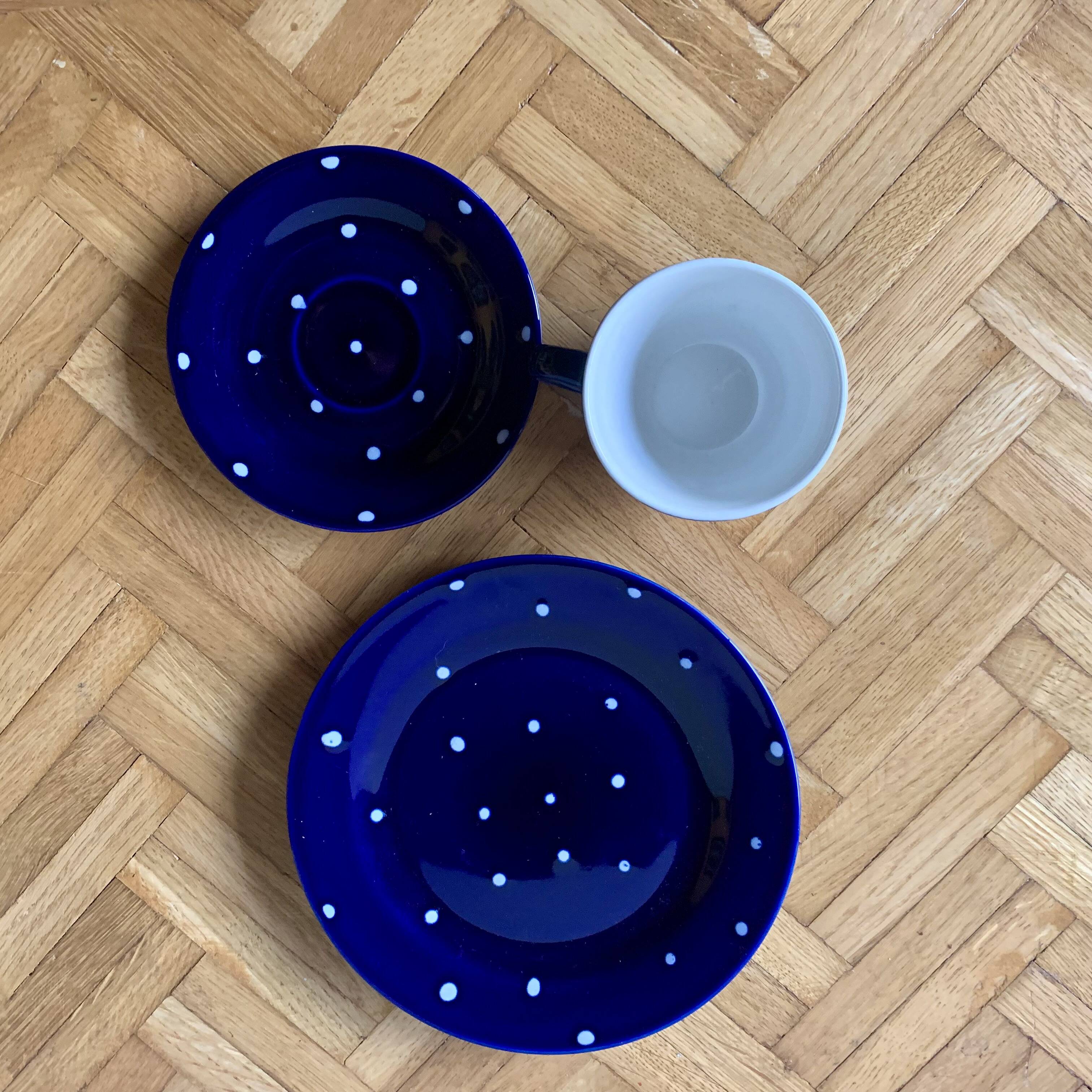 Vintage midnight blue coffee and dessert set with white dots - Glazed ceramic Feinsteinzeug