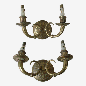 Ancienne paire d'appliques électriques double feu en bronze doré luminaire vintage