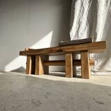 Solid wood bench with openwork base crossed by a cylinder - Mango wood