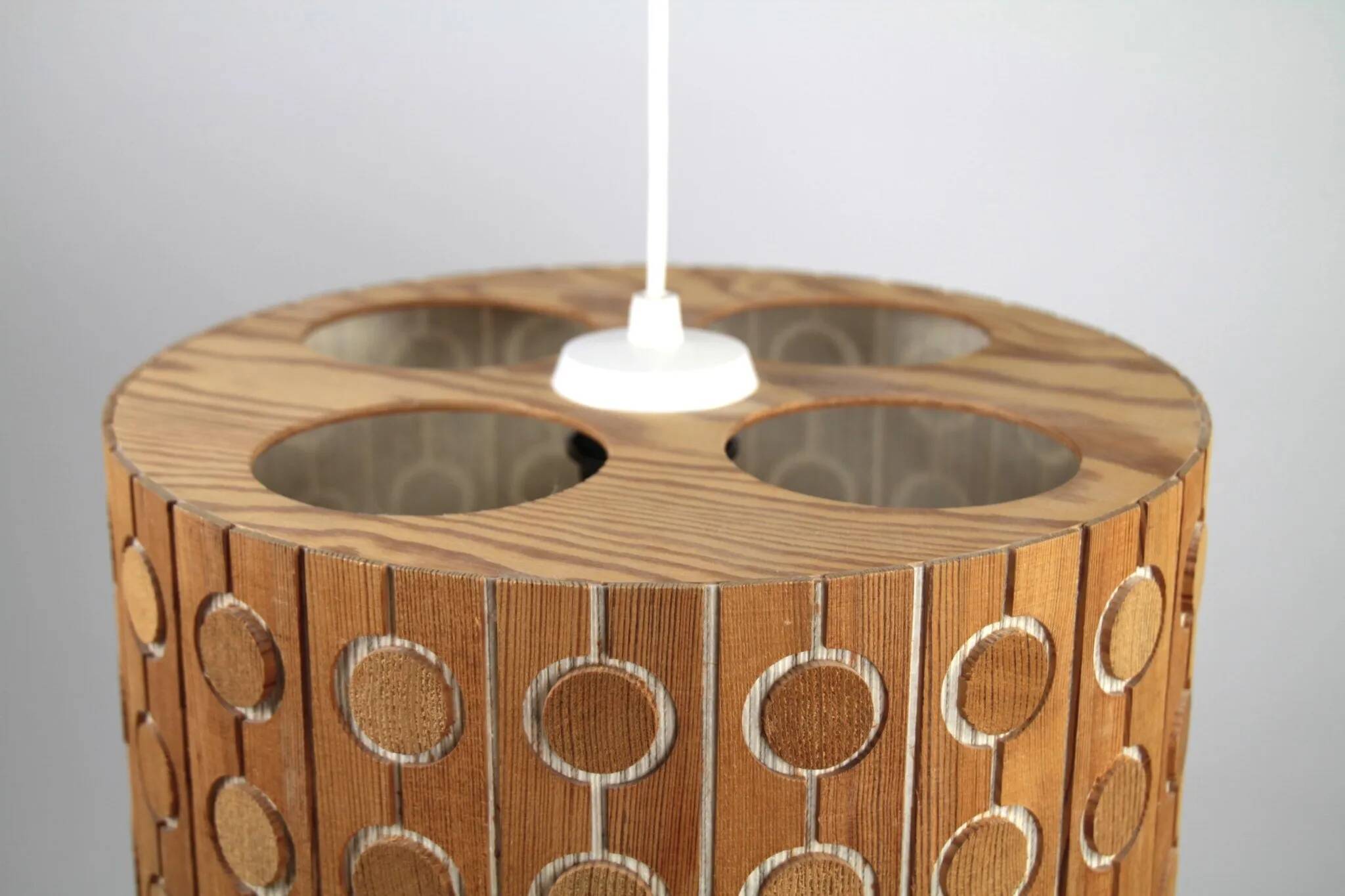 Pine Pendant Lamp – Cylindrical with Circle Pattern, Scandinavia – 1960s/1970s