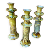 Trio of Tamegroute candlestick holders in enamelled ceramic.