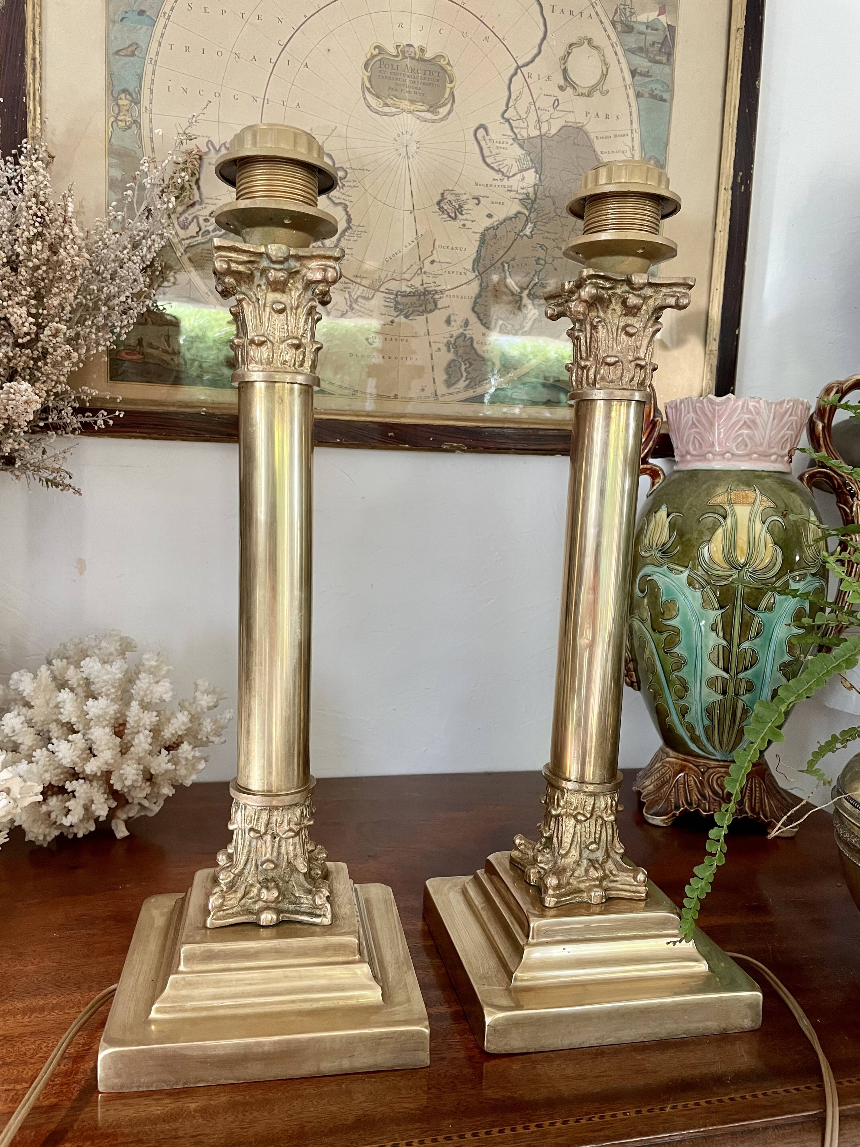 Pair of brass and bronze column lamp 44cm