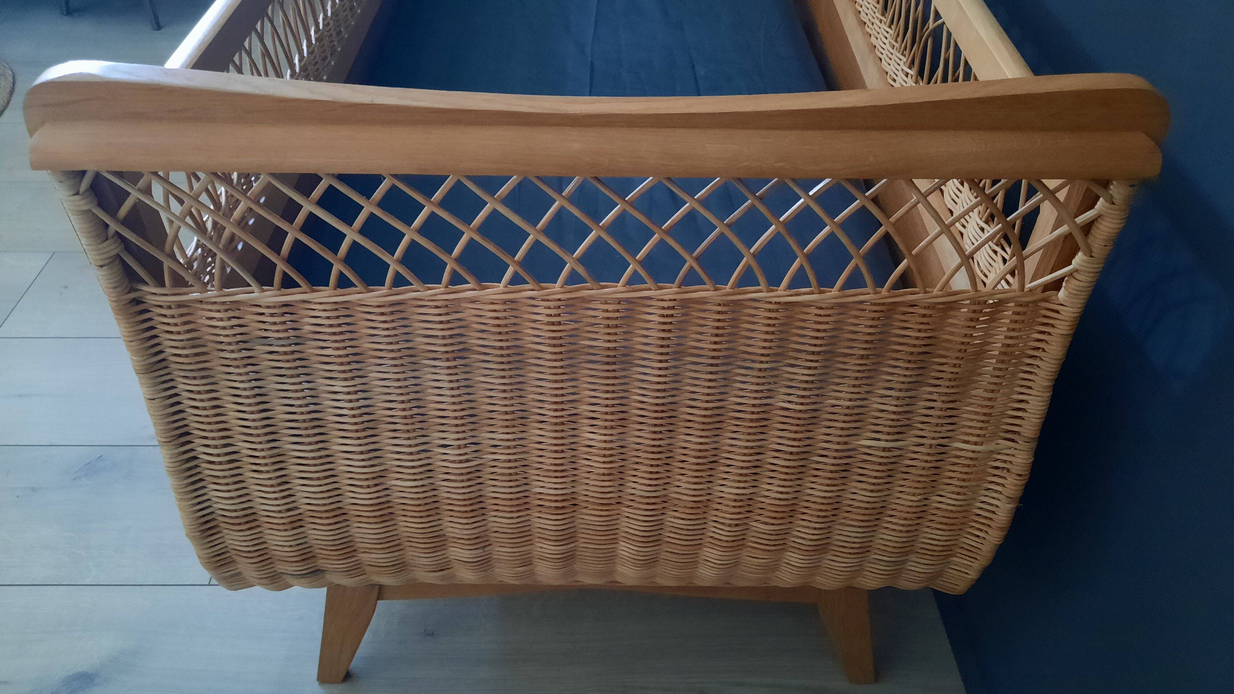 Restored vintage wooden and rattan basket baby bed