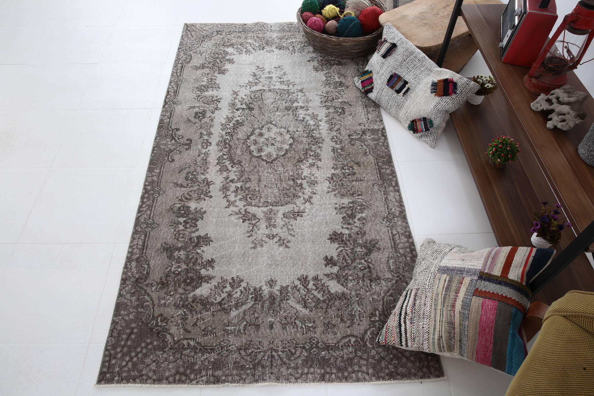 4x7 Gray & Brown Turkish Vintage Rug 114x214Cm SK 4869