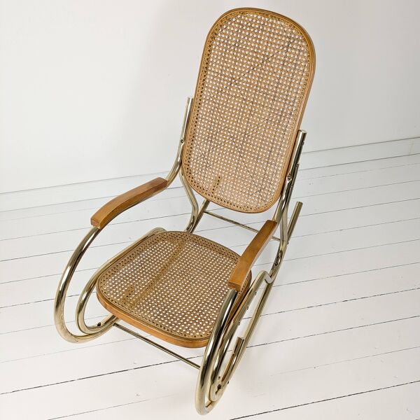 Fauteuil à bascule Vintage Tube d'acier Tressage viennois Laiton Or Mid Century Rétro Design Salon H