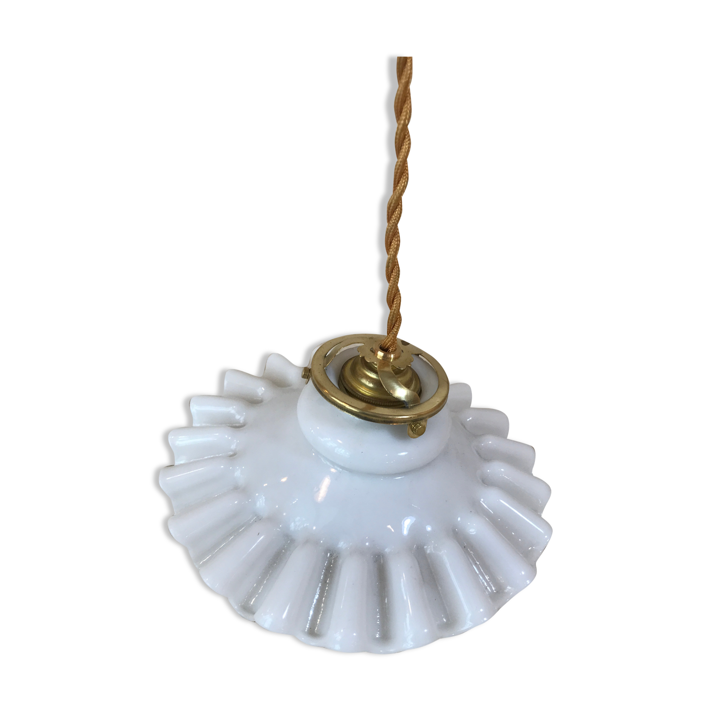 Suspension ancien opaline pâte de verre plissé blanche 1940 Vintage
