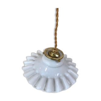 Suspension chandelier old opaline pleated glass paste white 1940 Vintage