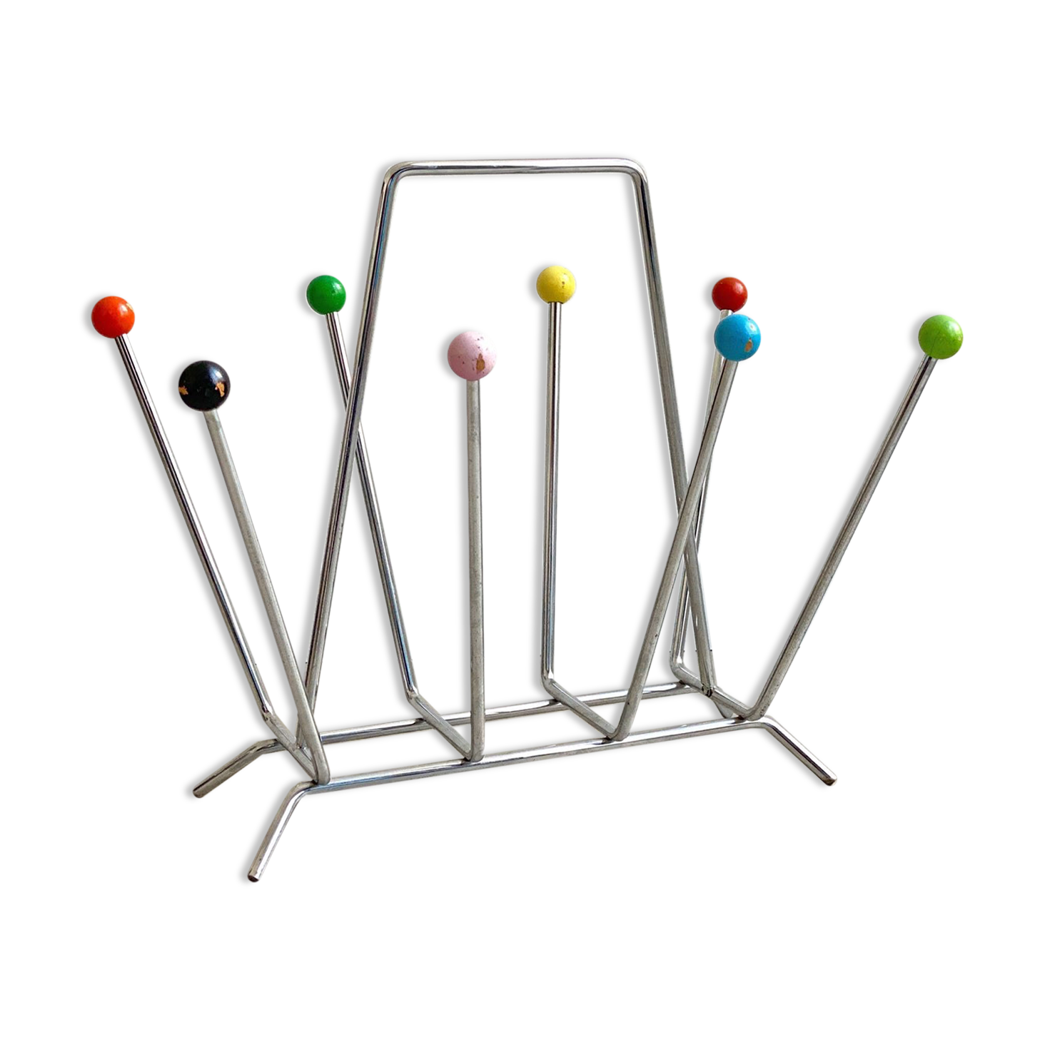Colourful vintage chrome wire metal magazine rack, Mid Century atomic sputnik magazine stand