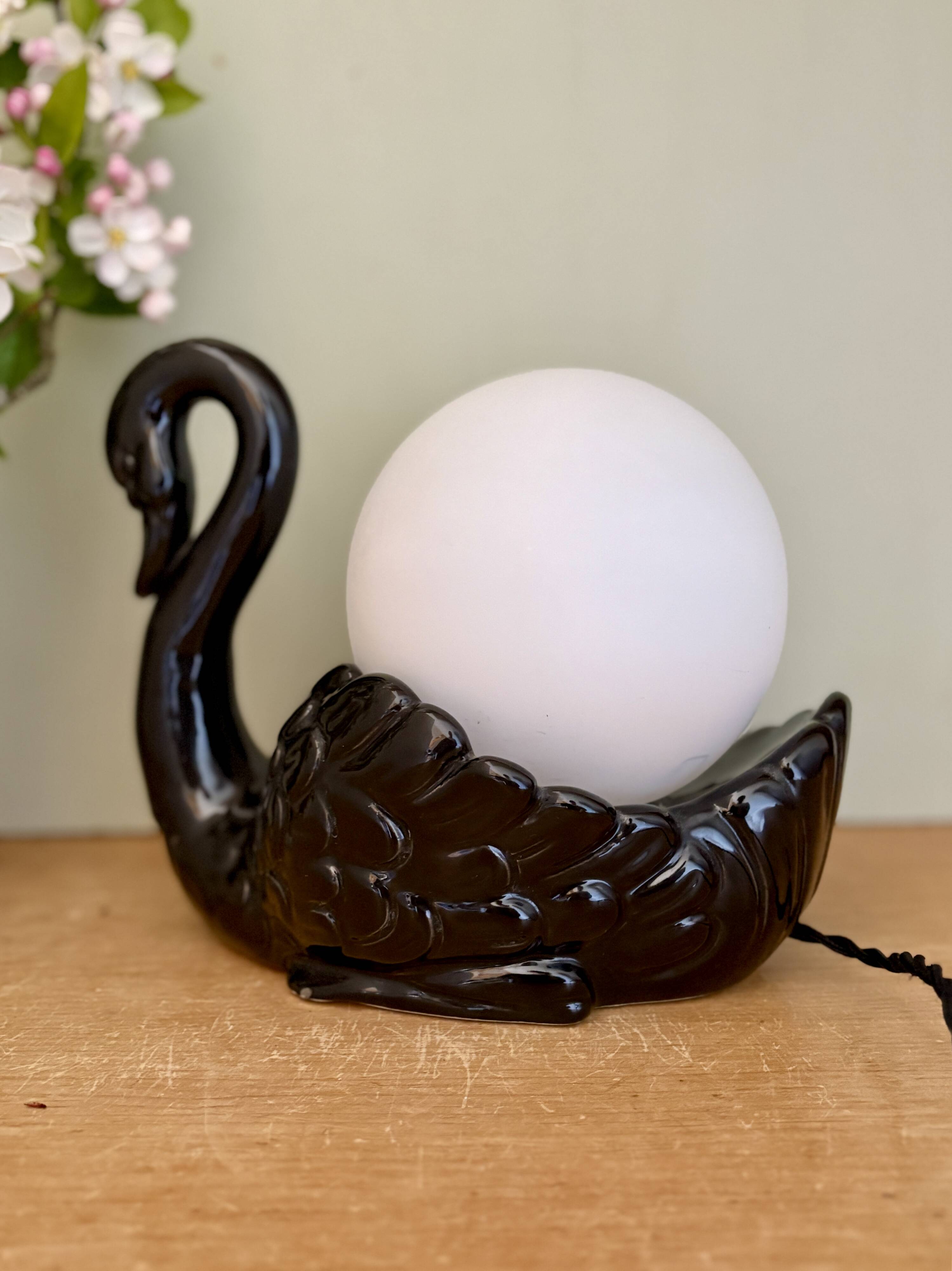 Vintage lamp, black ceramic swan and white opaline globe