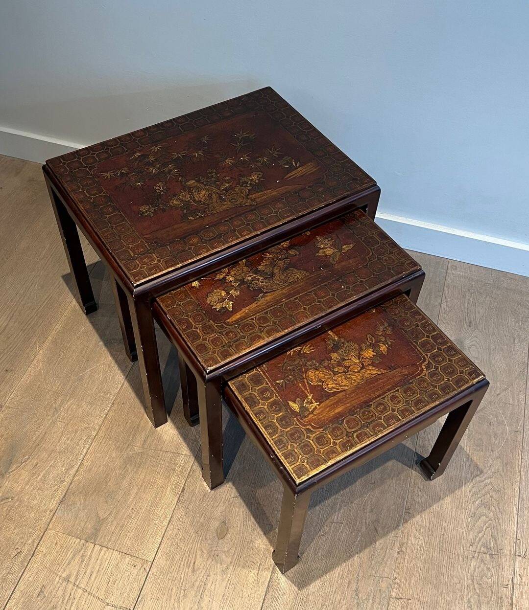 Set of Three Lacquered Nesting Tables with Chinese Decorations, France circa 19