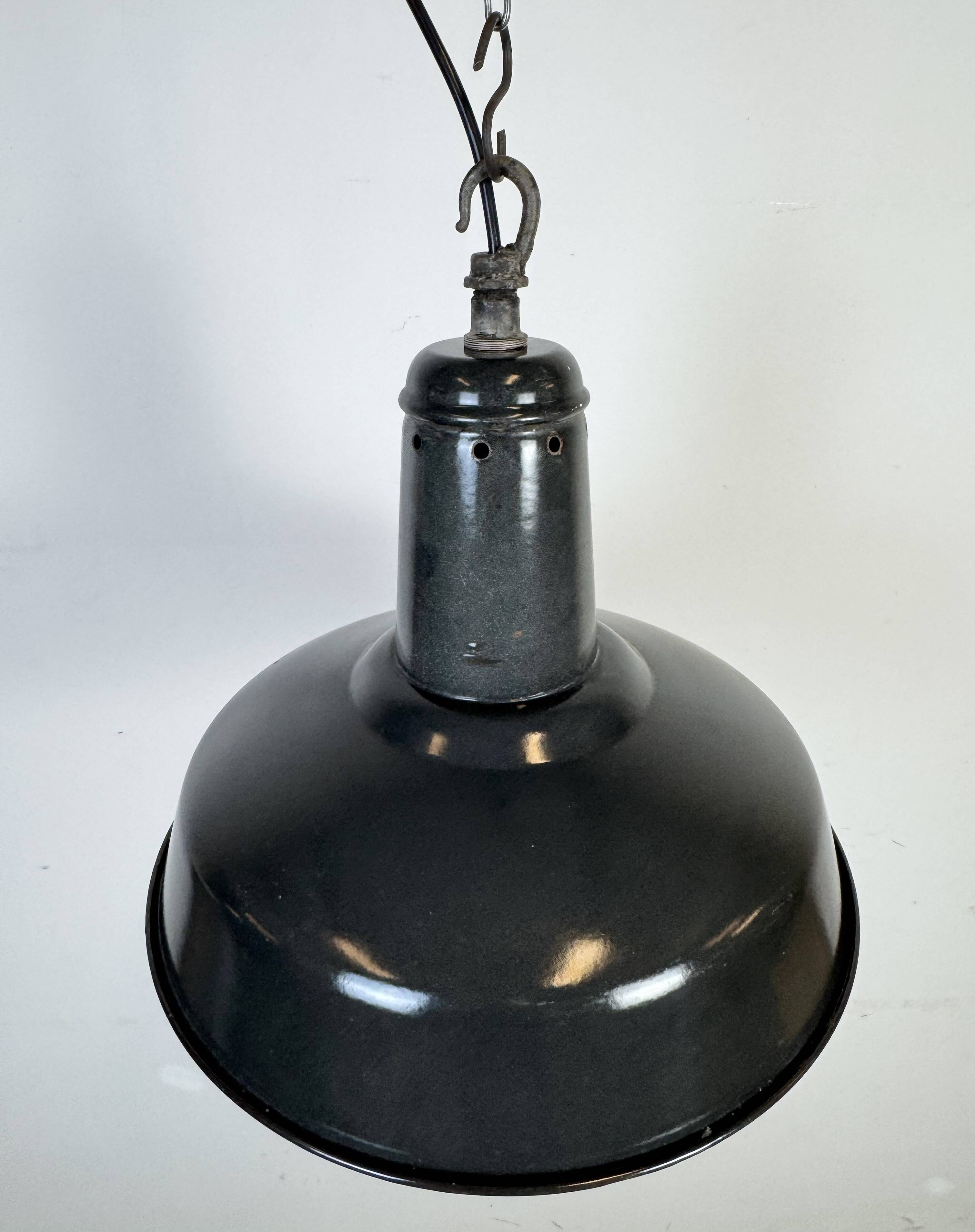 Industrial French Dark Grey Enamel Factory Pendant Lamp, 1960s
