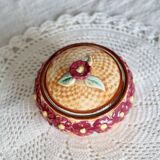 Vintage earthenware and slip candy box - Woven basket, burgundy flowers