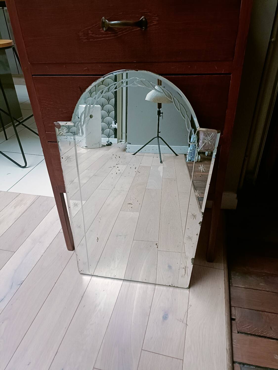 Art Deco beveled engraved mirror