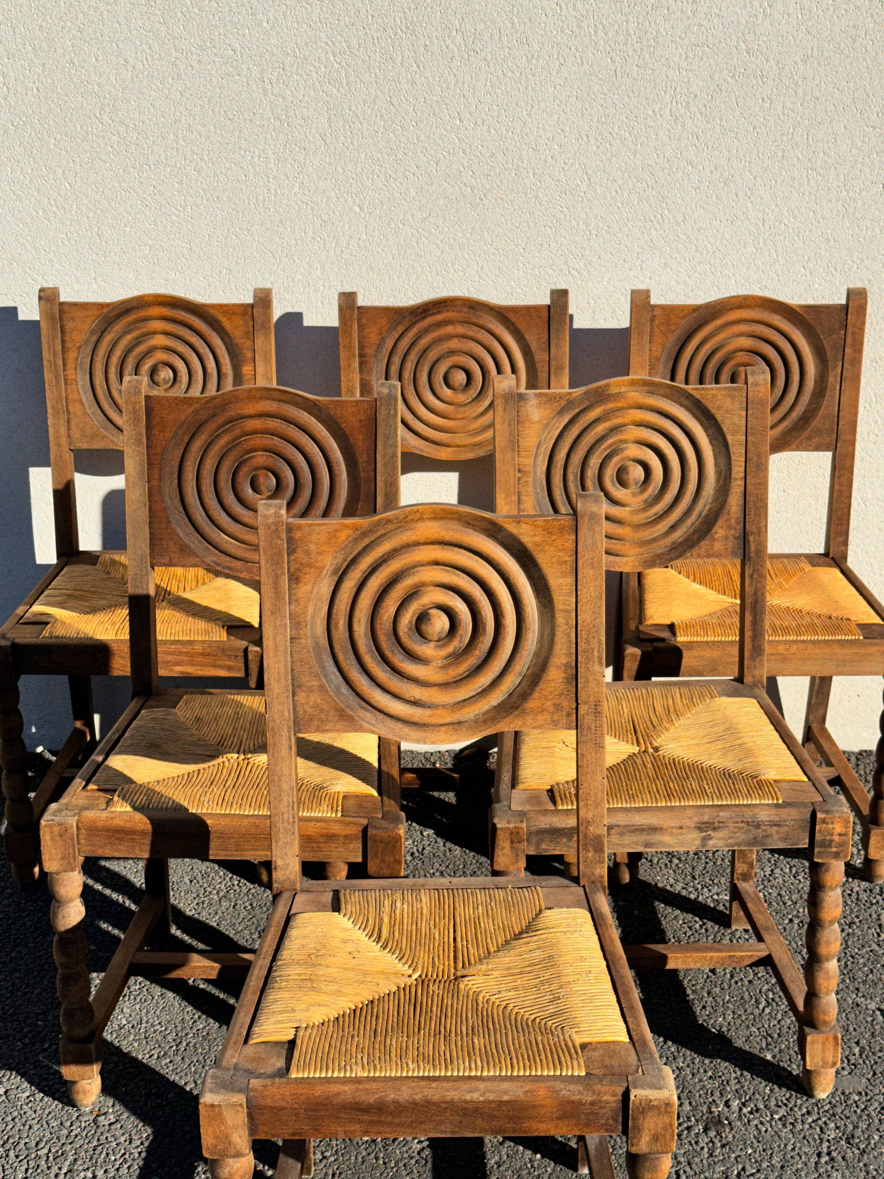 6 rustic style chairs, wood and straw, 1940