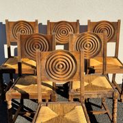 6 rustic style chairs, wood and straw, 1940
