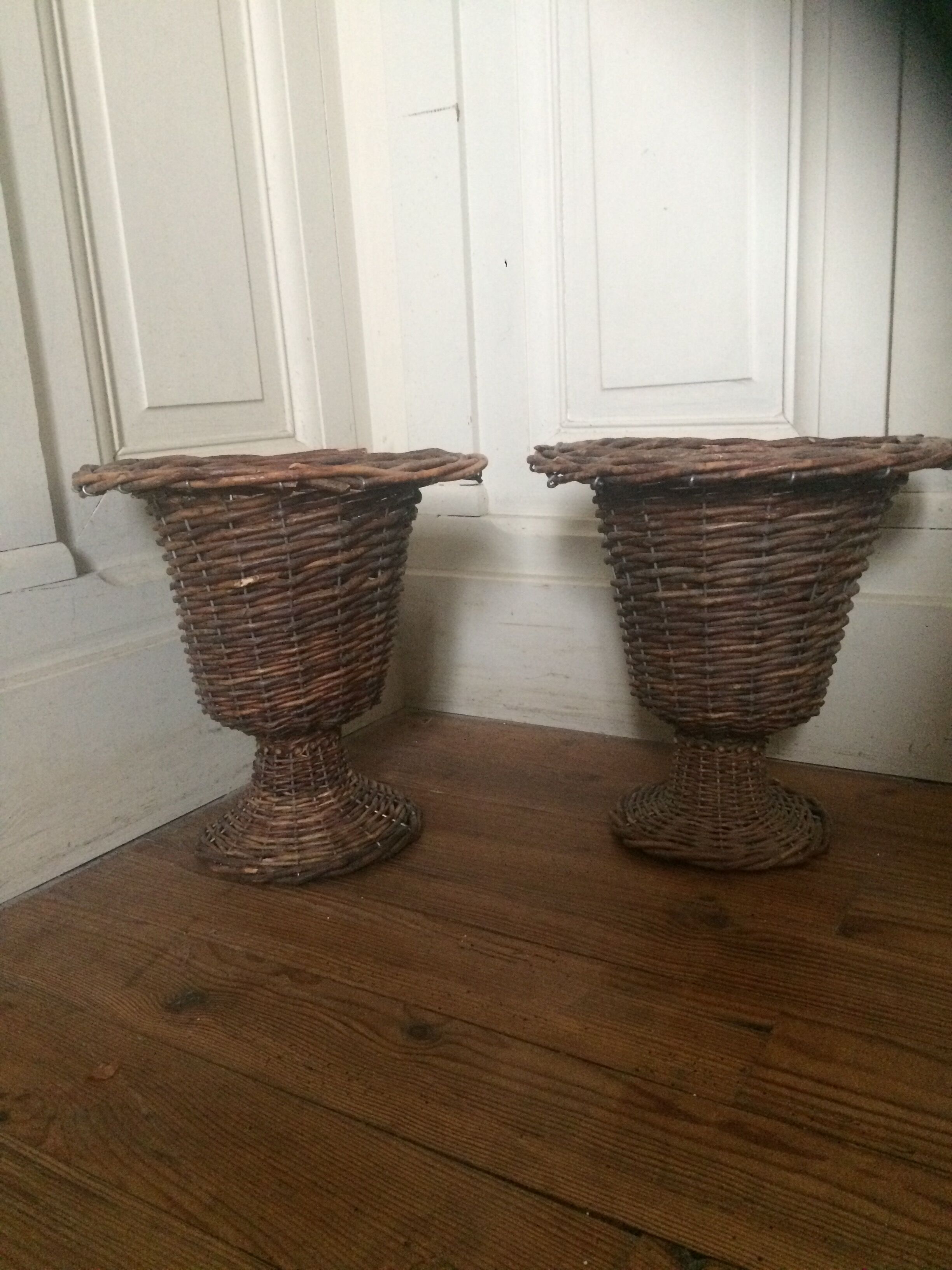 PAIR OF CACHE POTS/ VASES MEDICIS IN VINTAGE WICKER