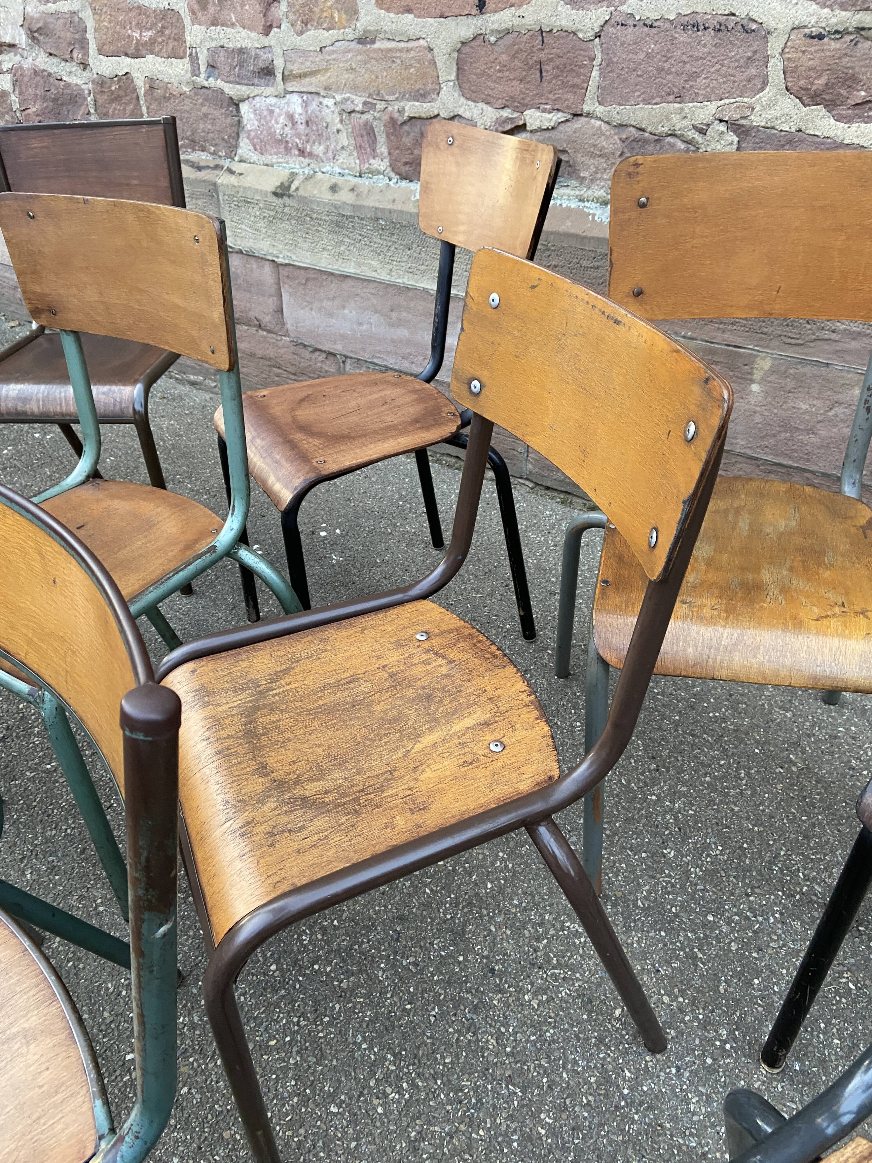 Set of 10 vintage mismatched industrial chairs mullca