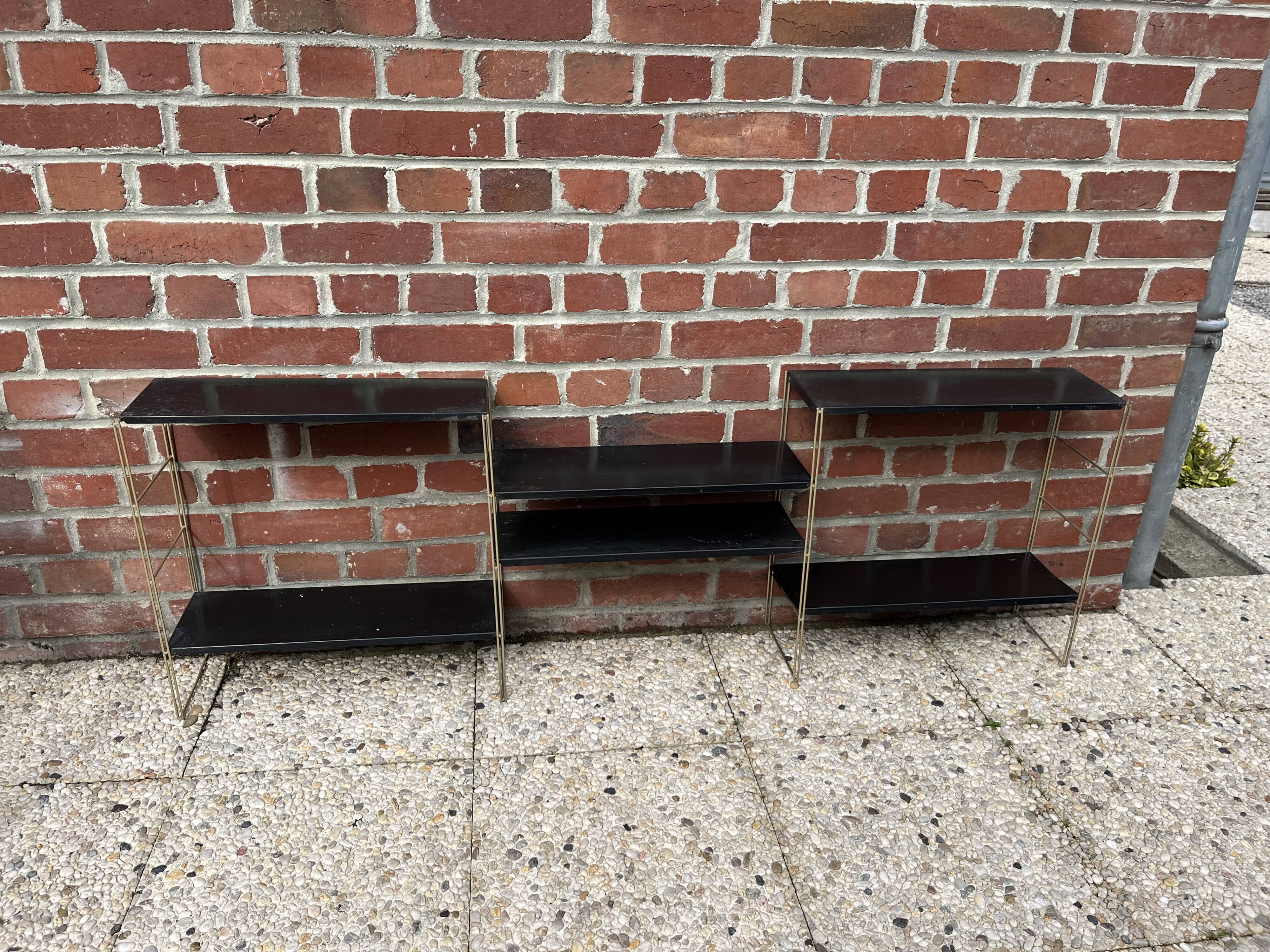 Black and gold metal string shelf - vintage 1960
