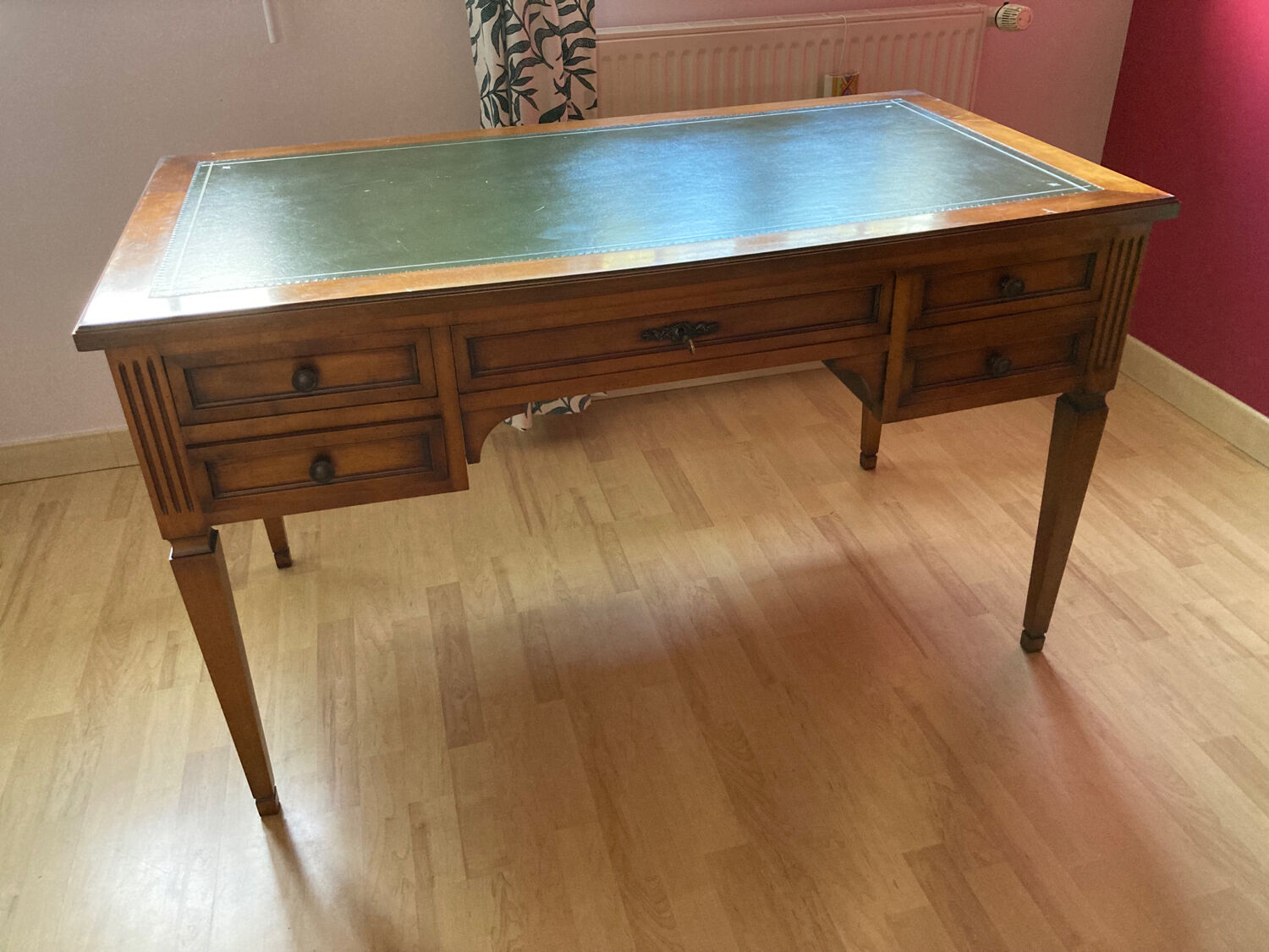 Napoleon Empire style wood and green leather desk 4 drawers 2 sliding shelves