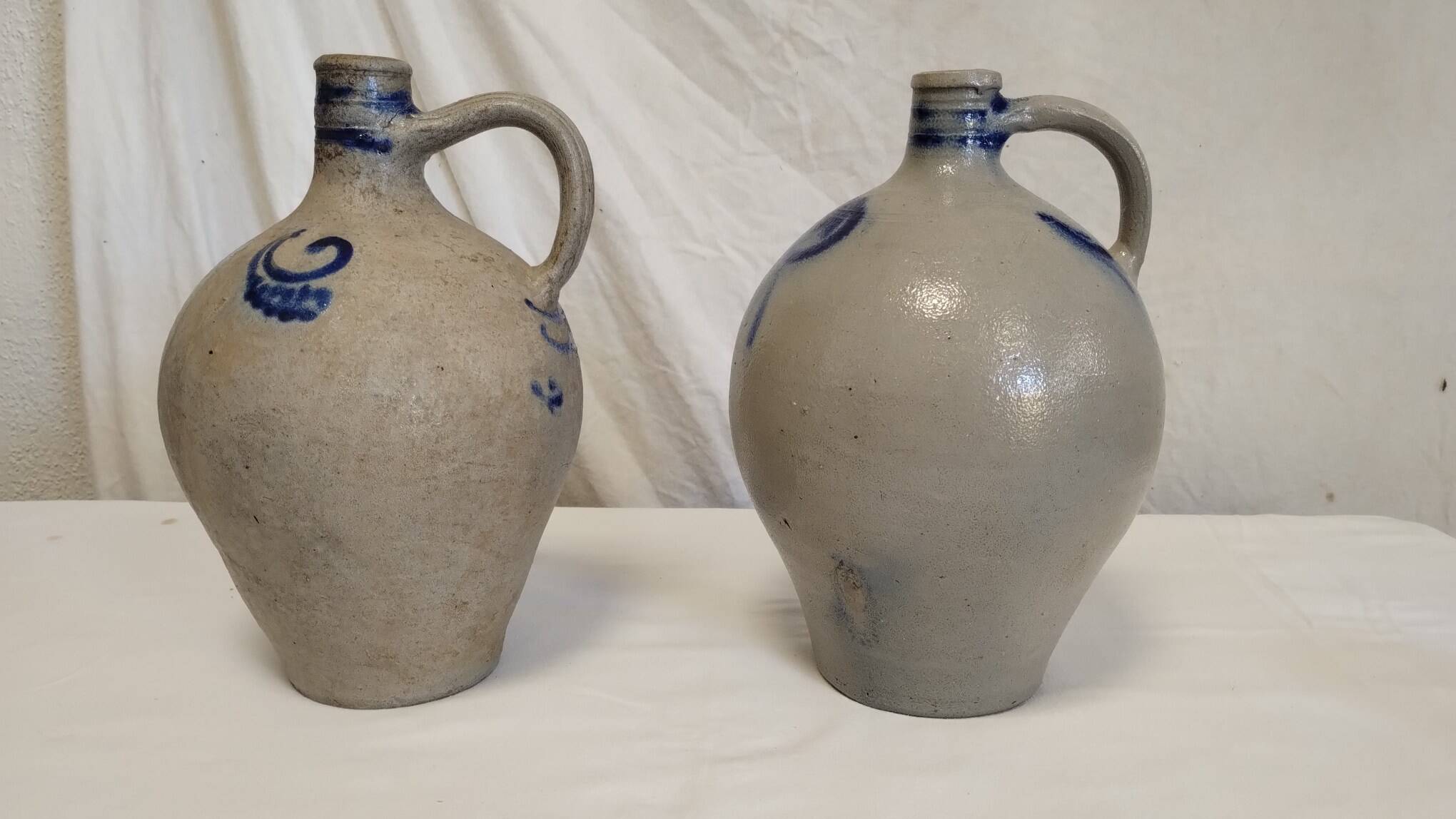 Set of 2 old Alsace stoneware jars (oil cruets)