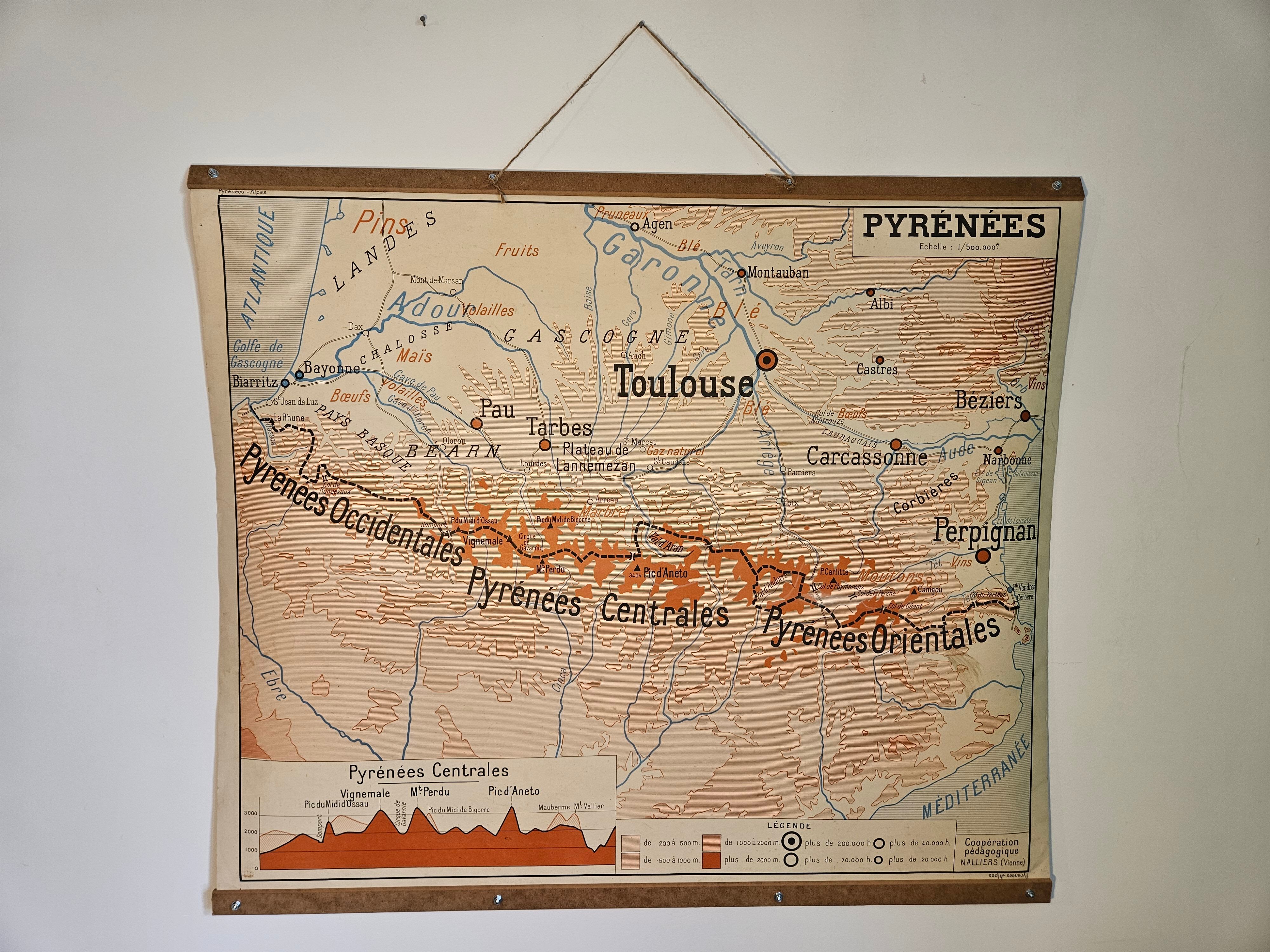 Old school map of geography 1960 Pyrenees and the Alps