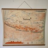 Old school map of geography 1960 Pyrenees and the Alps