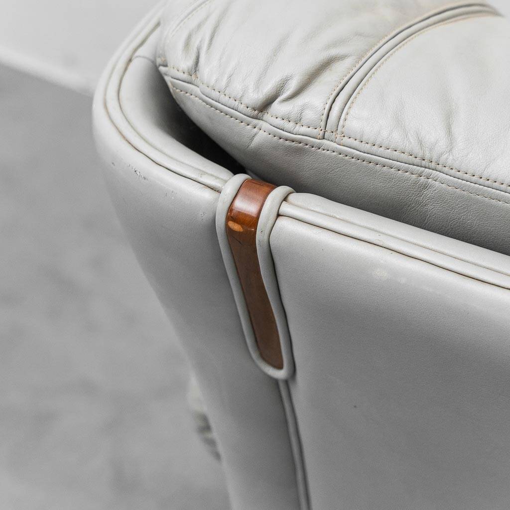 Pair of vintage armchairs in grey leather and wood, 1950s modernism