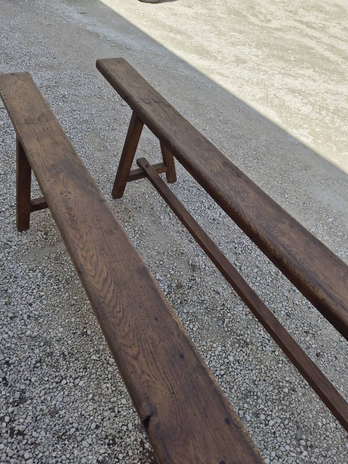 Pair of rustic solid oak farm benches 19th century - 2m90