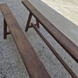 Pair of rustic solid oak farm benches 19th century - 2m90