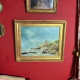19th century oil on canvas depicting an animated marine scene with its gilded wooden frame
