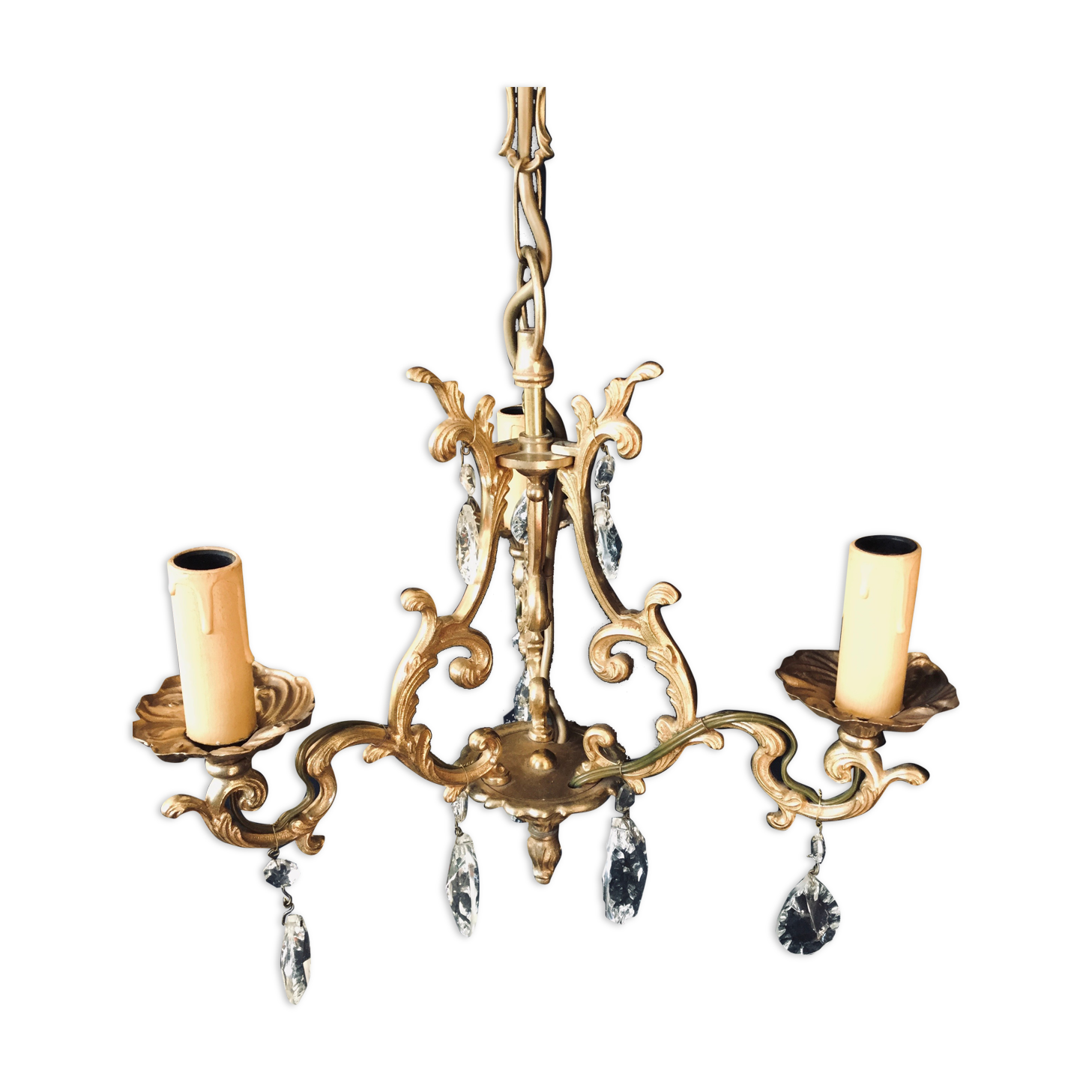 Lustre cage  à 3 lumières cristal et bronze