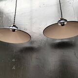 Pair of blue enameled sheet metal pendant lights