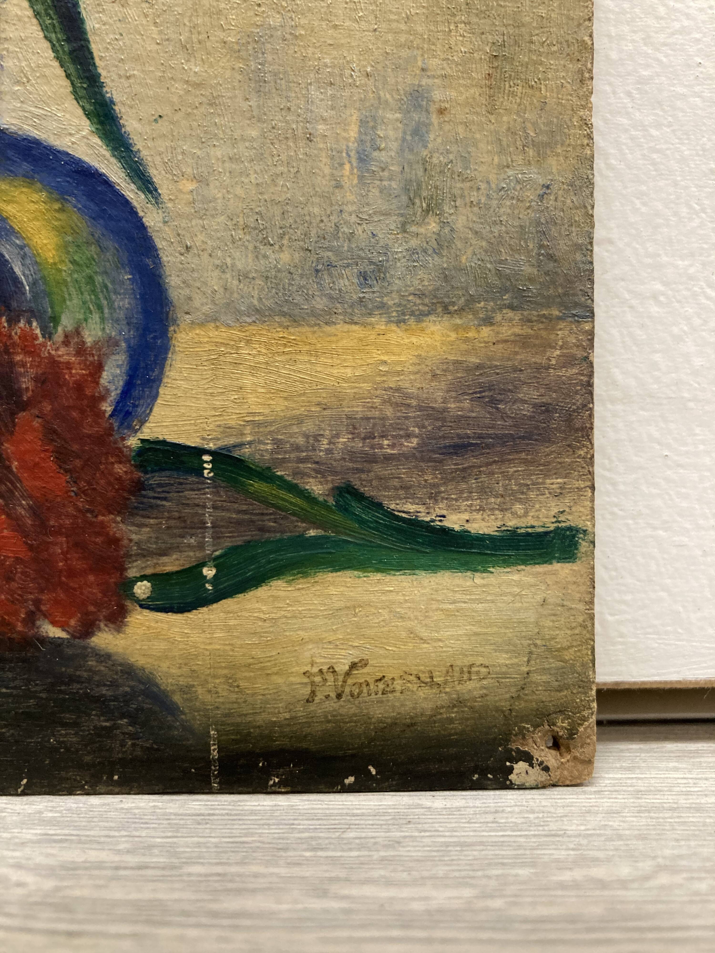 “Les Oeillets” Oil on panel signed