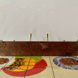 Vintage wooden wall coat rack with 4 double golden aluminum hooks