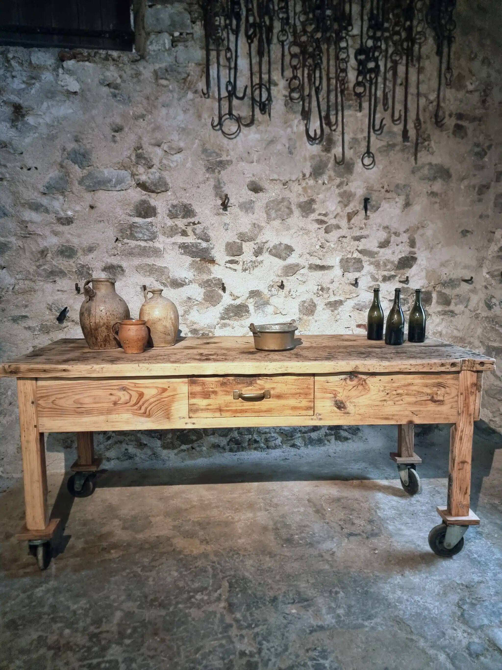 Vintage French pine work table, 1930s industrial kitchen island with drawer and casters