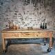 Vintage French pine work table, 1930s industrial kitchen island with drawer and casters