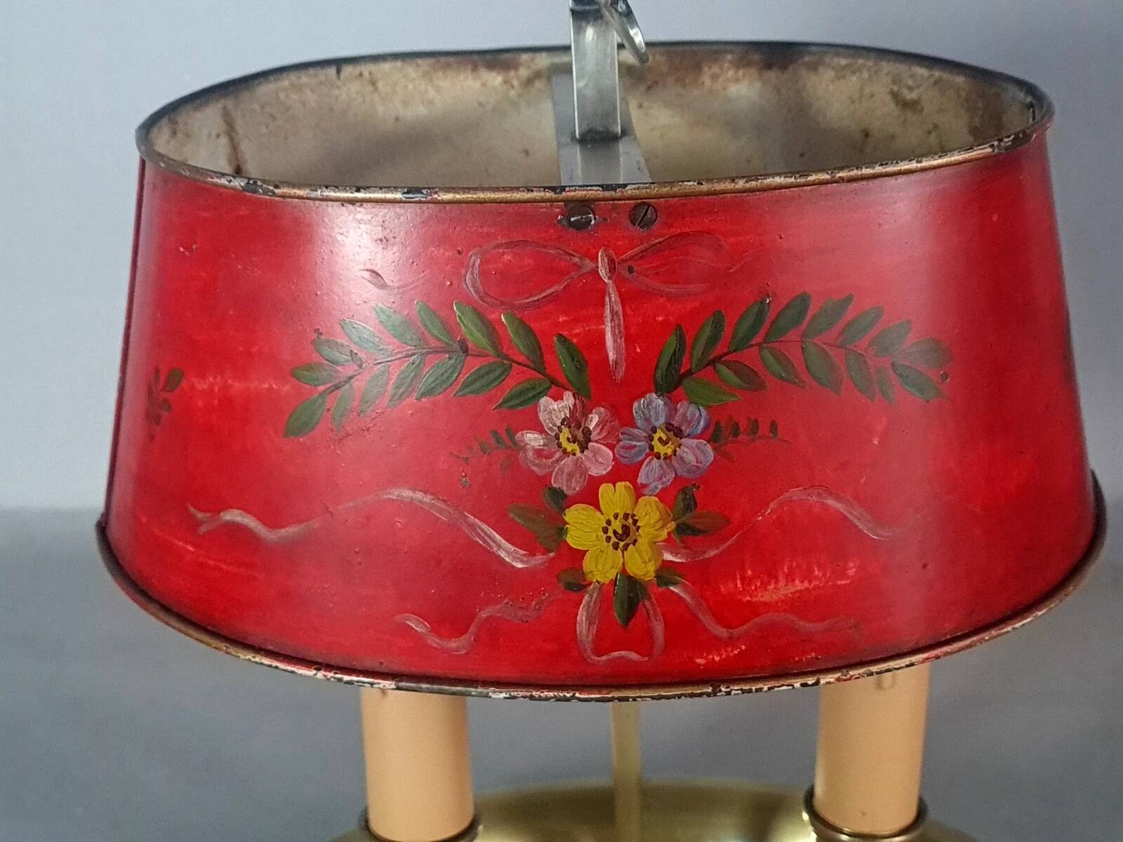 Ancienne lampe bouillotte bronze & tôle peinte, électrifiée D083