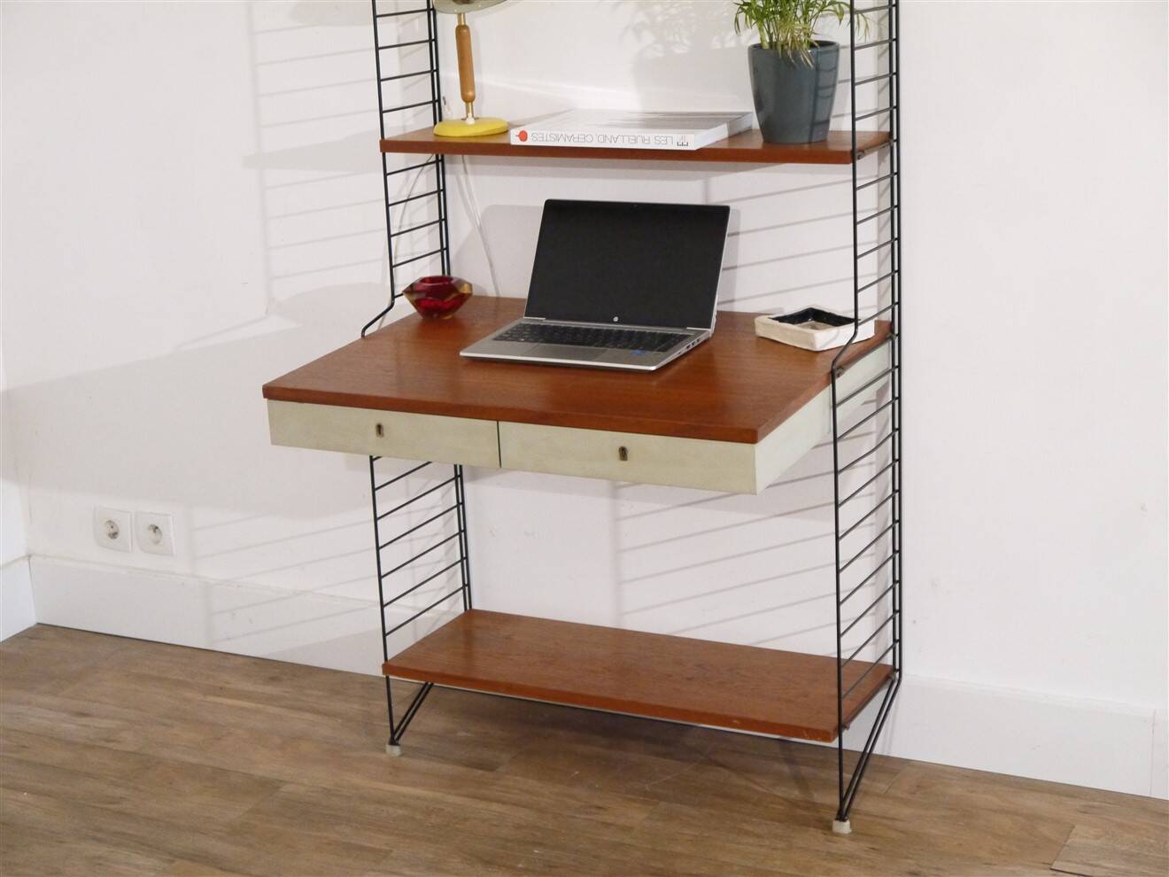 Teak wall-mounted shelf/desk, string design 1960