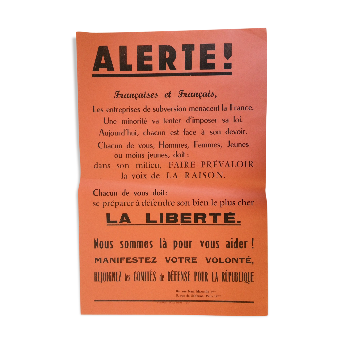 Original poster May 68 "Alert!" by "the defense committees for the republic France 1968