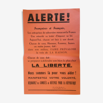 Affiche originale mai 68 " Alerte ! " par "les comités de défense pour la république " France 1968