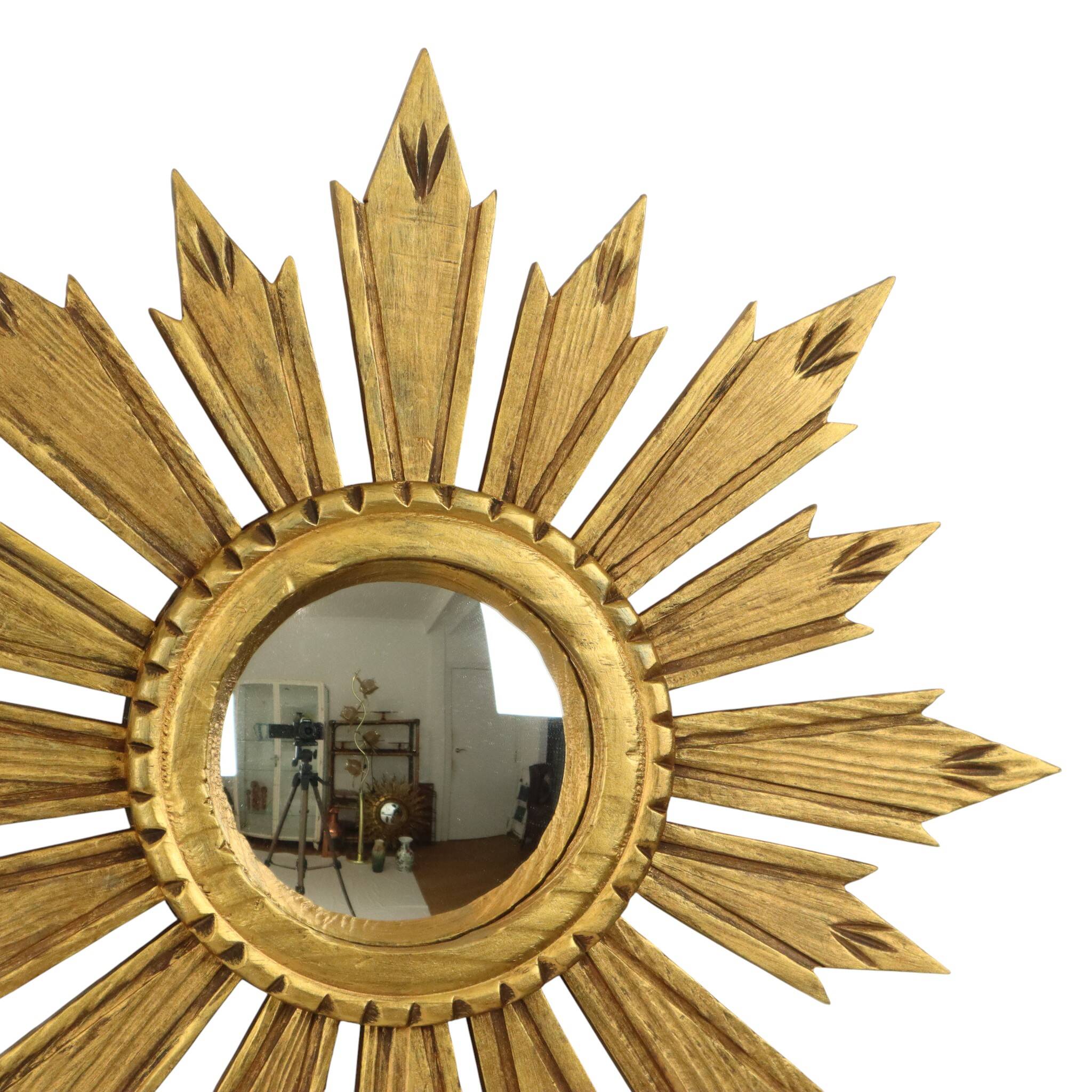 Vintage Wooden Sunburst Sun Mirror Convex France 51cm