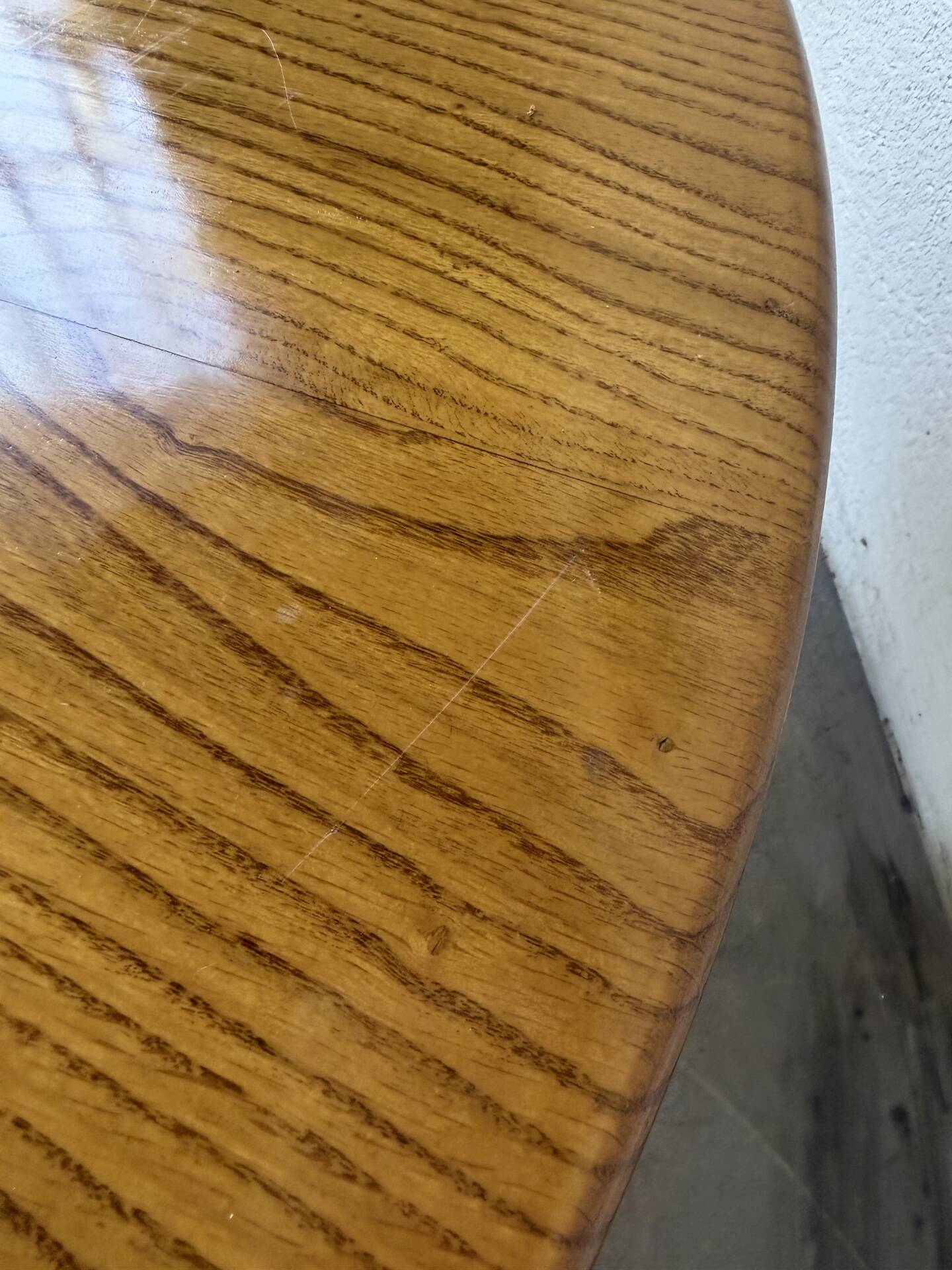 1950s round tripod oak coffee table