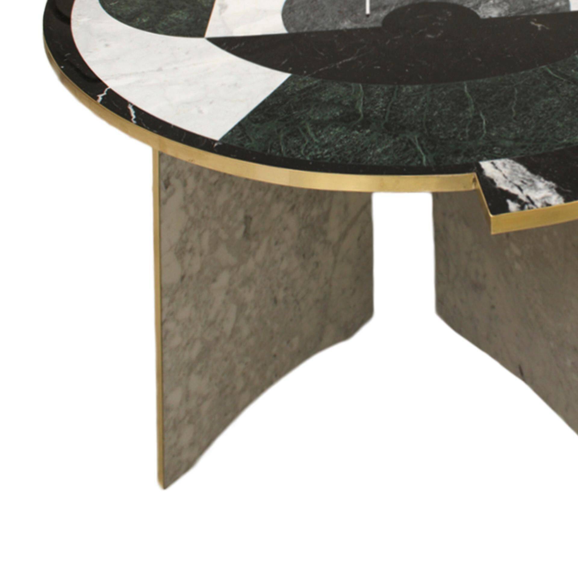 Contemporary Rare Round Italian Table Made of Marble Marquetry Marble and Brass