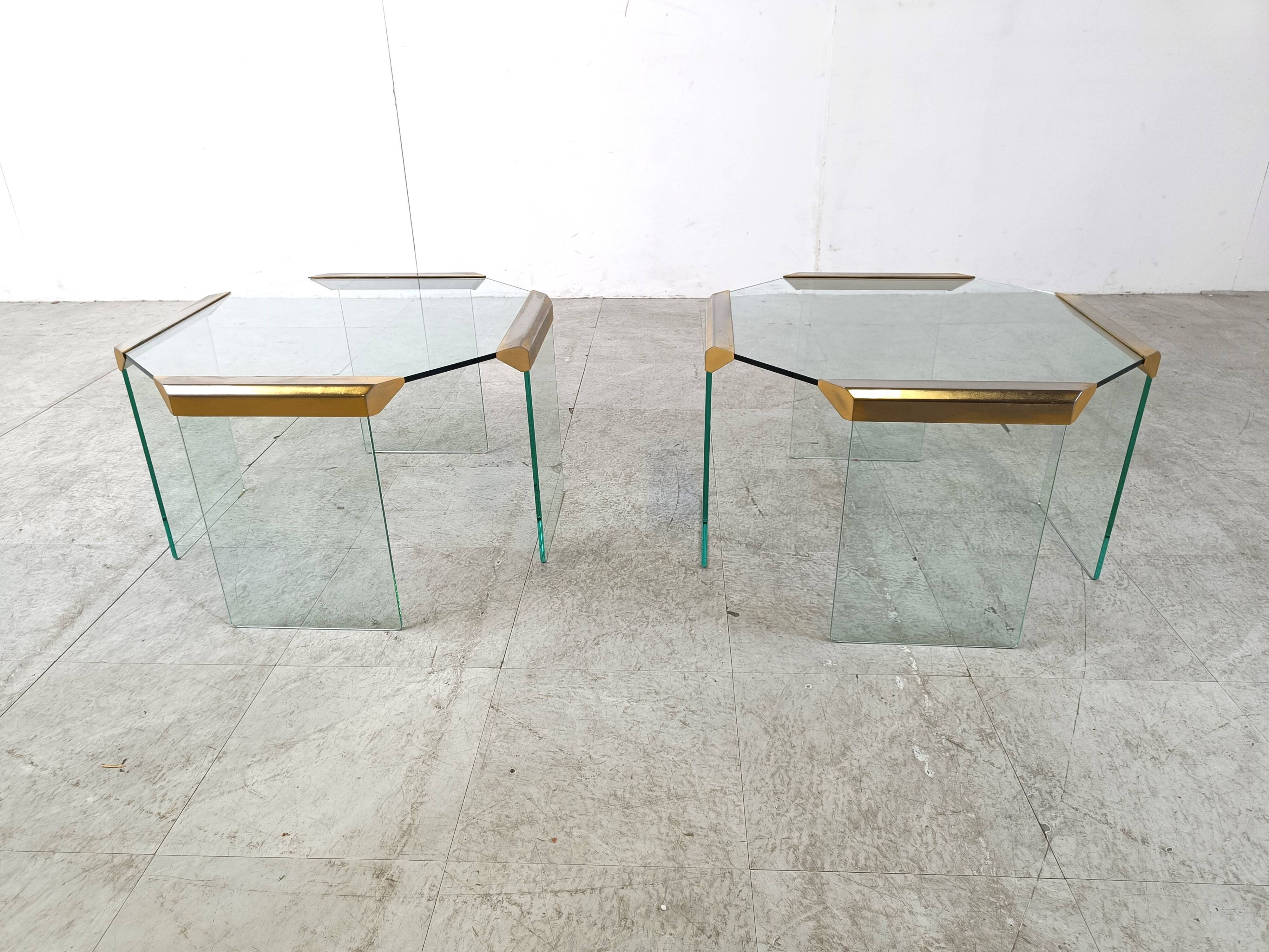 Pair of vintage brass and glass side tables,  1970s