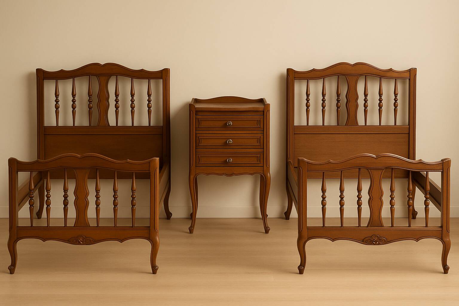 2 beds and a vintage bedside table in solid cherry wood